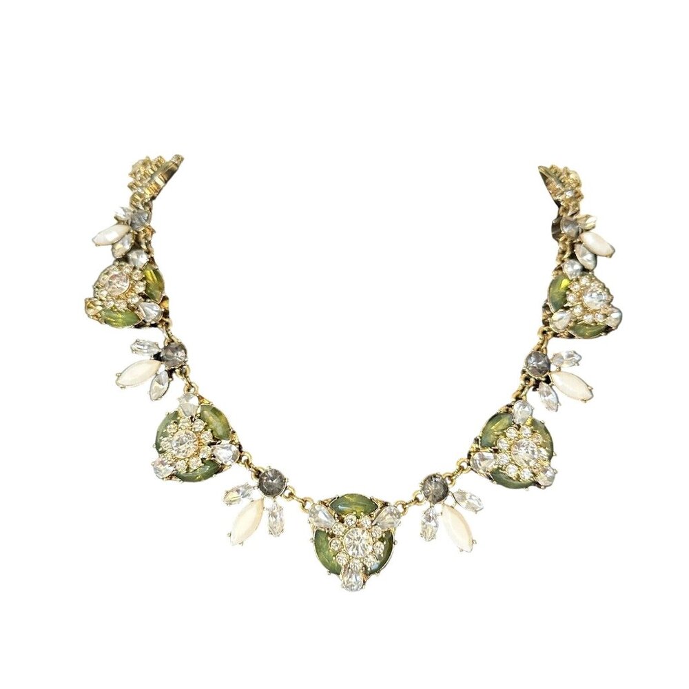 Natasha Signed Womens Green & Rhinestones Choker Necklace Glam Bling 18 Inches